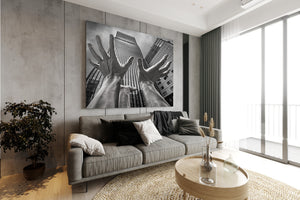 Contemporary architecture and sculpture captured in black and white