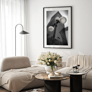 Contemporary Seoul skyline structure in monochrome