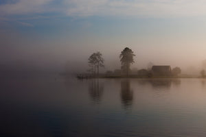 Trees and a waterside building emerging through soft morning mist