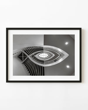 Black and white spiral staircase viewed upward at Chicago Museum of Contemporary Art.