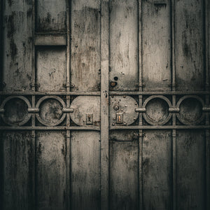 Close-up of an aged Italian gate with repeating circular metal details.