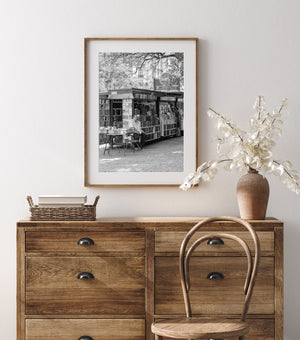 Timeless cityscape with street literature vendor