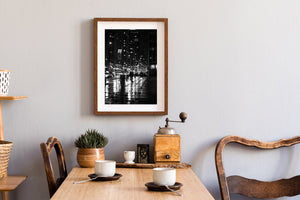 Urban photography print capturing NYC’s raw energy after evening rainfall