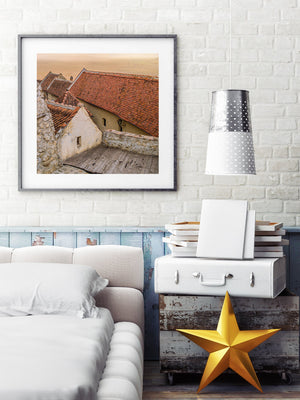 Sunset over ancient Romanian buildings | Photo Art Print fine art photographic print