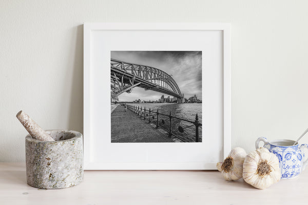 Black and white cityscape of Sydney Harbor Bridge