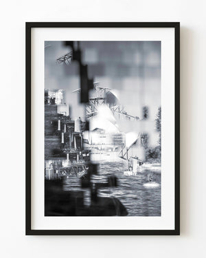 Layered abstract view of Sydney Harbour architecture and water in black and white.