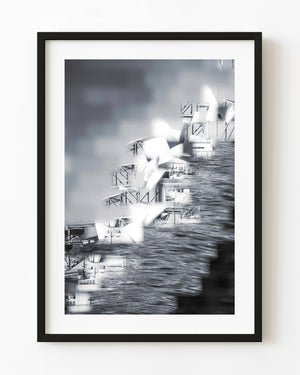 Layered Sydney Opera House reflections and harbour water in a black and white abstract photograph.