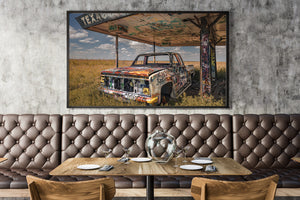 Forgotten Texas pickup truck surrounded by prairie grass