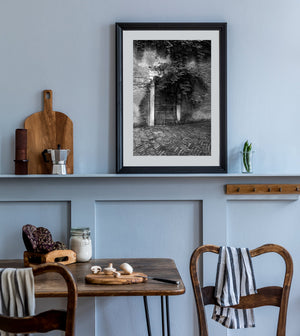 Textured timber, trailing leaves and worn masonry fill a vertical Venice photograph.