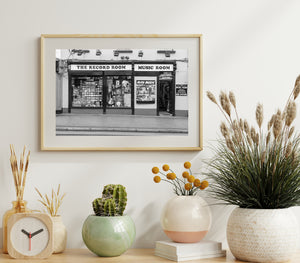 The Record Room in Sligo photographed straight on in monochrome.