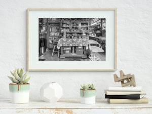 Route 66 Shop Counter and Memorabilia Black and White Interior Photography