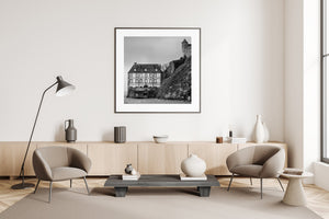 Mont Saint-Michel architecture against the sea black and white