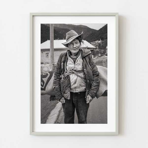 Tibetan man black and white portrait