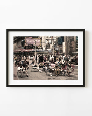 Times Square street scene with pedestrians and billboards in New York City