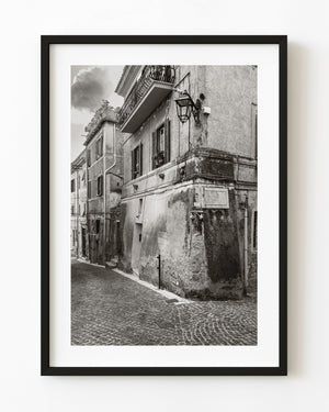 Curving cobblestone street and weathered Tivoli buildings in monochrome