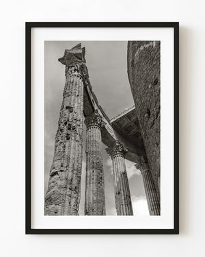 Ancient columns of the Temple of Vesta in Tivoli, black and white