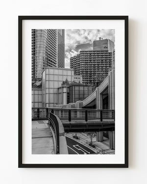 Curved elevated walkways and Tokyo towers in black and white