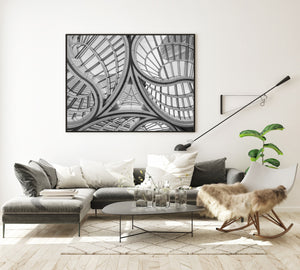 Monochrome urban structure with repeating circular forms