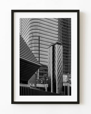 Tokyo glass towers and sculptural steel forms in black and white