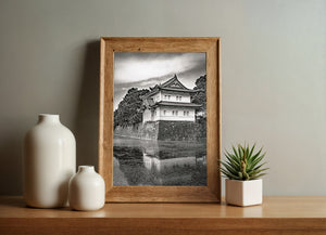 Black and white Tokyo palace architecture mirrored in still water
