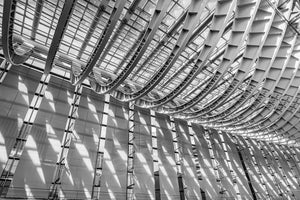 東京国際フォーラム内の曲線を描く鋼材の建築リブと幾何学的な影