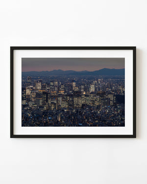 Tokyo skyline from Skytree at blue hour with illuminated towers and distant mountains