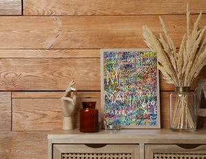 Urban graffiti wall covered with vibrant paint layers and white scribbles