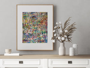 Dense colorful graffiti wall photographed in Shibuya Tokyo stairwell