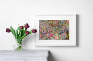 Detailed texture of colorful graffiti wall photographed in Tokyo