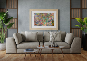 Bright abstract graffiti pattern covering stairwell wall in Tokyo