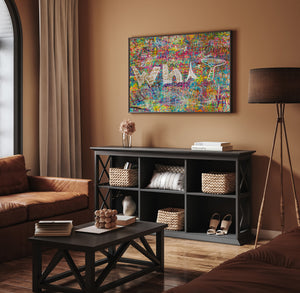 Bright abstract graffiti patterns covering stairwell wall in Shibuya