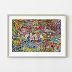 Colorful Tokyo graffiti wall with vodka lettering and martini glass drawing