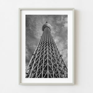 Tokyo Skytree tower photographed from below in black and white