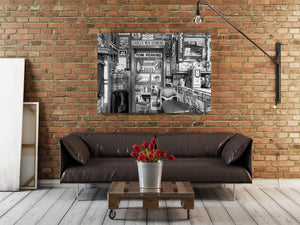 Tom Perkins shop display of Route 66 collectibles in monochrome