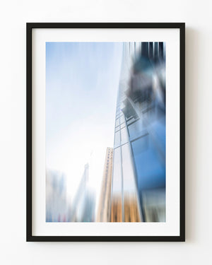 Abstract Toronto glass tower and CN Tower in soft blue and gold tones