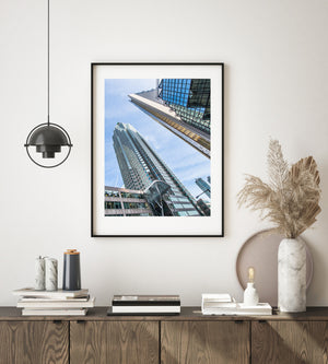 Modern downtown Toronto architecture with steep building lines and gridded windows