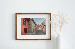 Historic Transylvanian lane with green window frames and red tiled roofs.