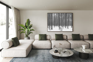 Minimalist forest scene with evenly spaced snowy tree trunks