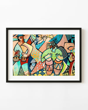 Colourful musicians mural in Trinidad Cuba with drummers and a trumpet player.
