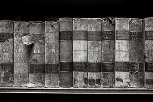 Antique English law volumes with cracked bindings and worn lettering.