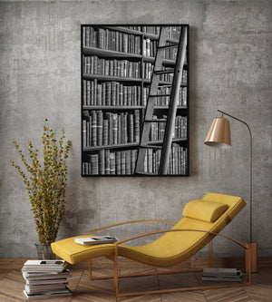 Vertical library photograph with aged volumes and dark wooden shelving.