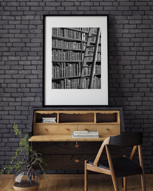 Trinity College books and ladder with rich monochrome wood and paper textures.