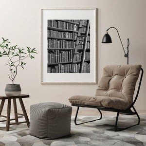A tall wooden ladder crosses shelves of historic books at Trinity College.