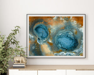 Abstract Iceland nature photograph with turquoise mud pools and cracked earth.