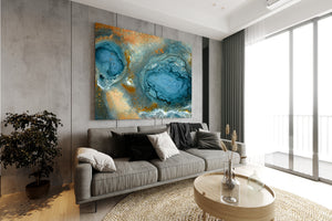 Icelandic geothermal detail with blue clay, white crust and warm orange patches.