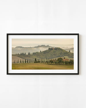 Cypress-lined Tuscan hills and farmhouses softened by morning fog.