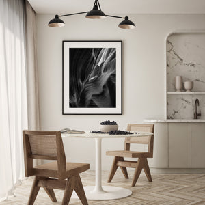 Curved rock formations inside Antelope Canyon monochrome photograph