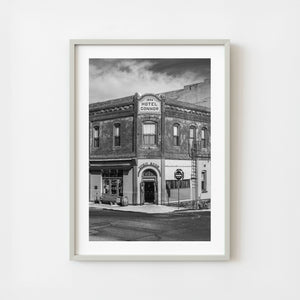 Hotel Connor corner building in Jerome Arizona black and white street photograph