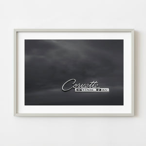 Corvette Sting Ray emblem chrome badge black and white close up