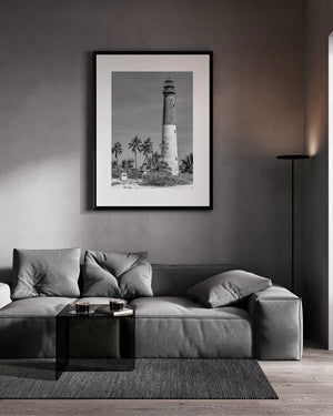 Serene lighthouse scene in black and white photography